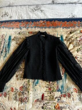 Alice + Olivia Black Lace Sleeve Blouse Smocked High Neck Button